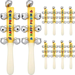 10 Pcs Happy Purim Wood Grangers with Bells Musical Instruments Noisemakers for Purim Gift Bags Fillers Jewish Holiday Rattle Party Decorations