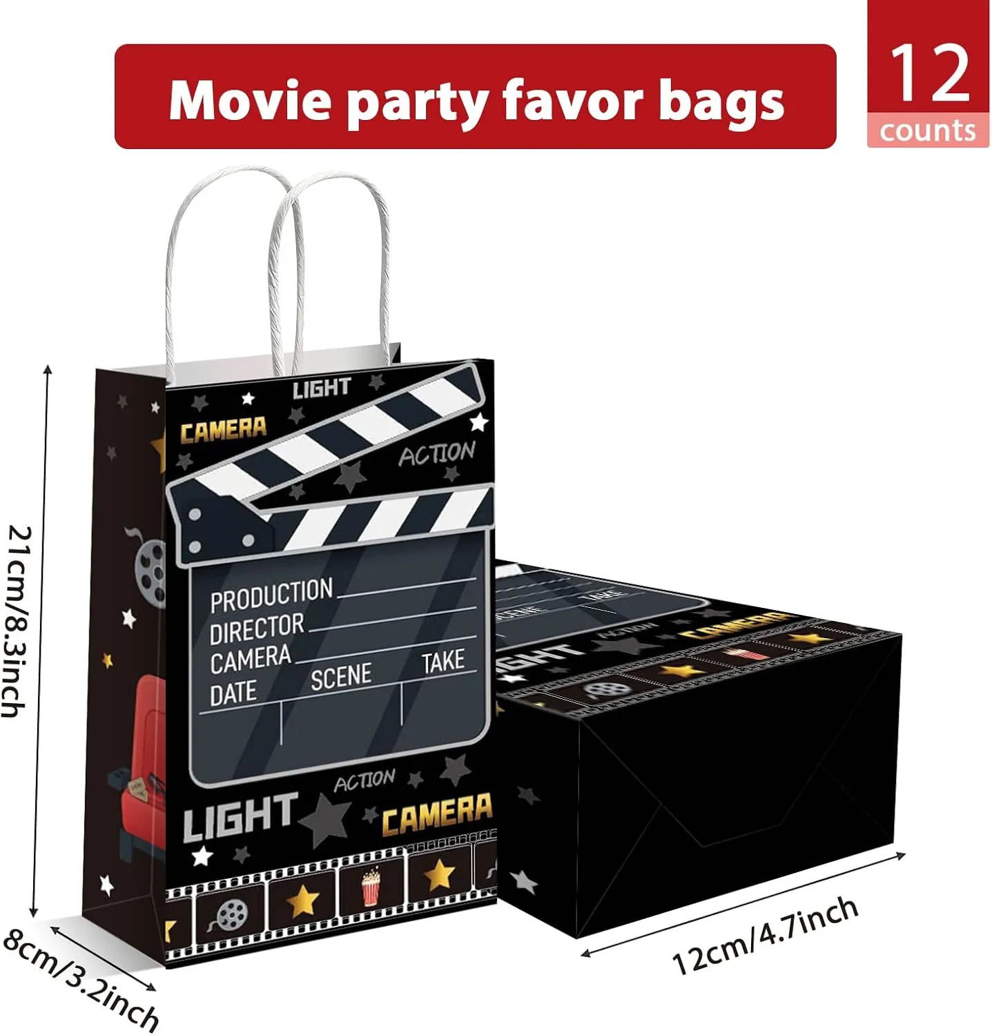 12 Pieces Movie Night Party Bags Now Showing Party Favor Gift Bags Movie Theater Party Treat Bags Movie Candy Goodie Bags for for Baby Shower Kids Birthday Party Decorations Supplies 8.34 x 3.2 x 4.7