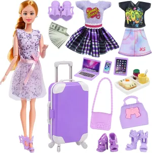 17 Pcs Doll Clothes and Accessories Suitcase Travel Set - Miniature Laptop Computer Tablet Phone, Suitcase,Backpack Bag,Clothes Set,Shoes,Telescope,Dollars,Omelette Toast Set for 11.5" Doll