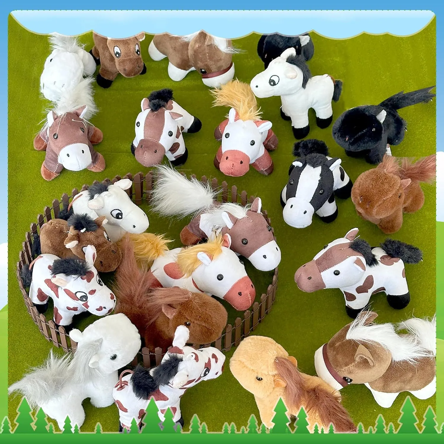 24 Pcs Horse Plush Toys 4.6" Horses Stuffed Animals 5.3" Mini Horse Plush Standing Stuffed Horses 12 Styles for Animal Theme Party Decoration Birthday Gift Farm Party Supplies