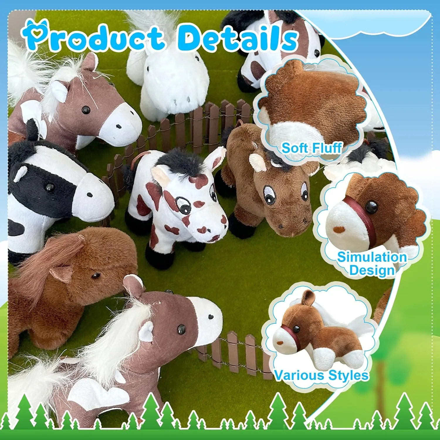24 Pcs Horse Plush Toys 4.6" Horses Stuffed Animals 5.3" Mini Horse Plush Standing Stuffed Horses 12 Styles for Animal Theme Party Decoration Birthday Gift Farm Party Supplies