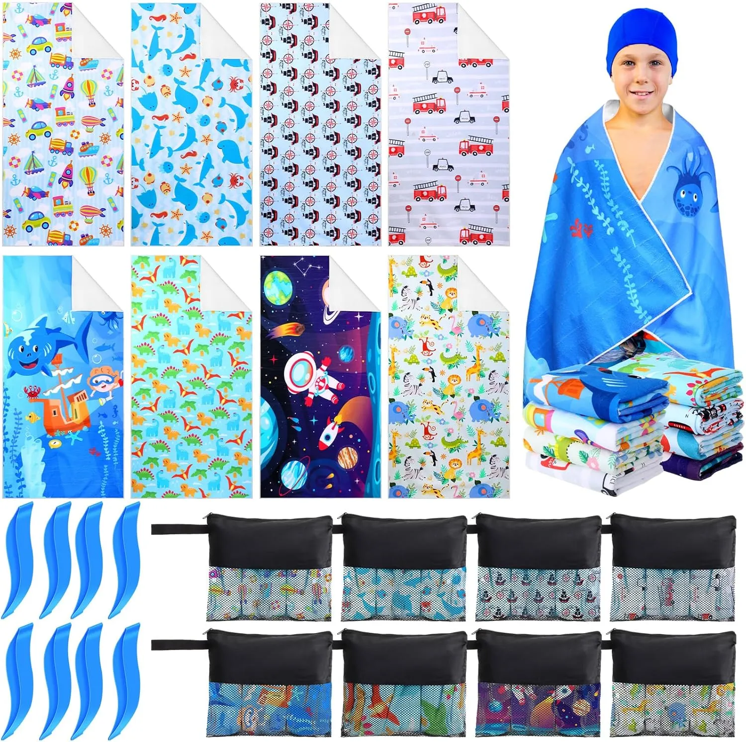 24 Pcs Kids Microfiber Beach Towel Set 8 Beach Towels Bulk with 8 Storage Bags 8 Beach Ties 30" x 60" Unicorn Mermaid Dolphin Flamingo Quick Dry Towel for Pool Swim Bath Picnic Camping (Boys)