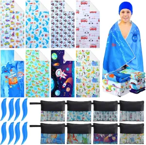 24 Pcs Kids Microfiber Beach Towel Set 8 Beach Towels Bulk with 8 Storage Bags 8 Beach Ties 30" x 60" Unicorn Mermaid Dolphin Flamingo Quick Dry Towel for Pool Swim Bath Picnic Camping (Boys)