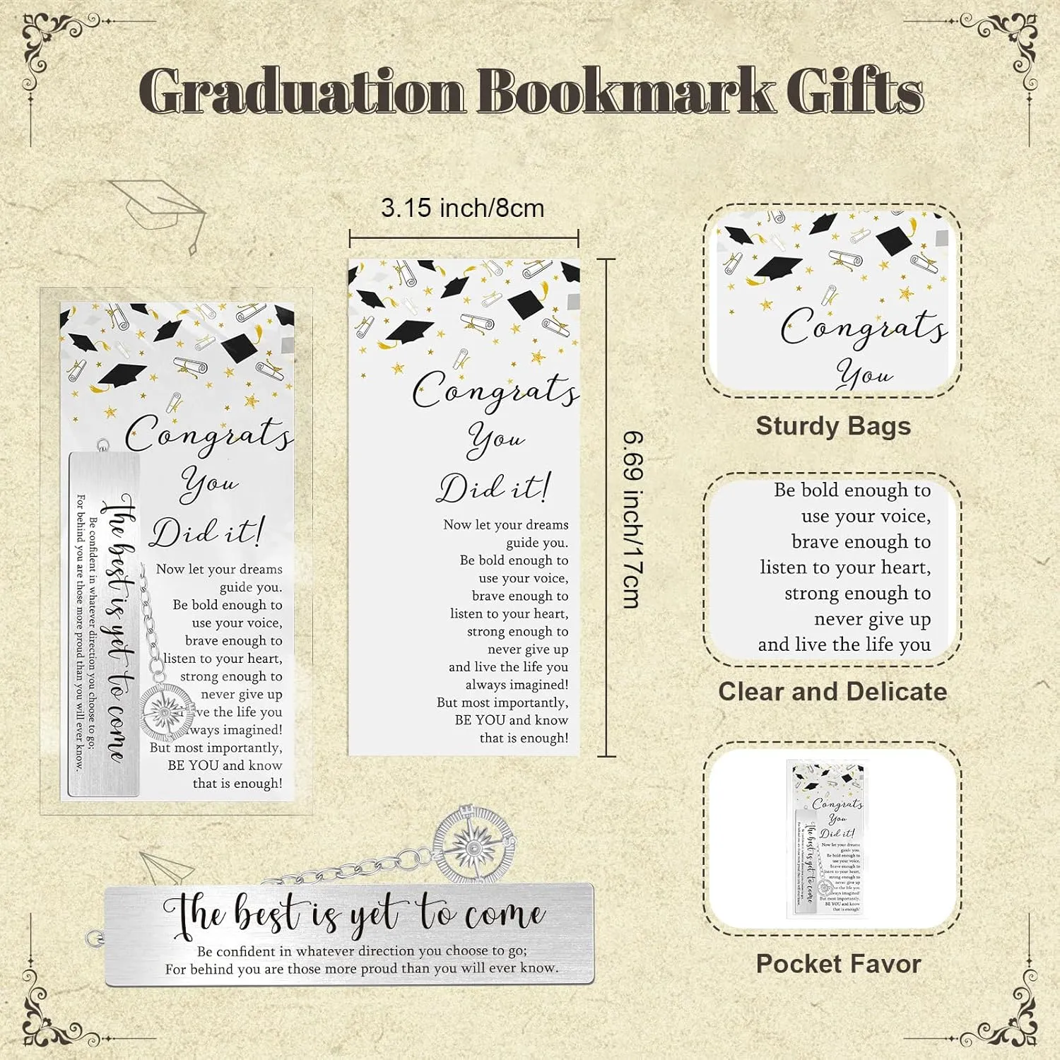 24 Sets Graduation Gift for Graduates Compass Bookmarks The Best is Yet to Come Inspirational Bookmark with Pendant Card Organza Bags Class of 2025 Party Favor