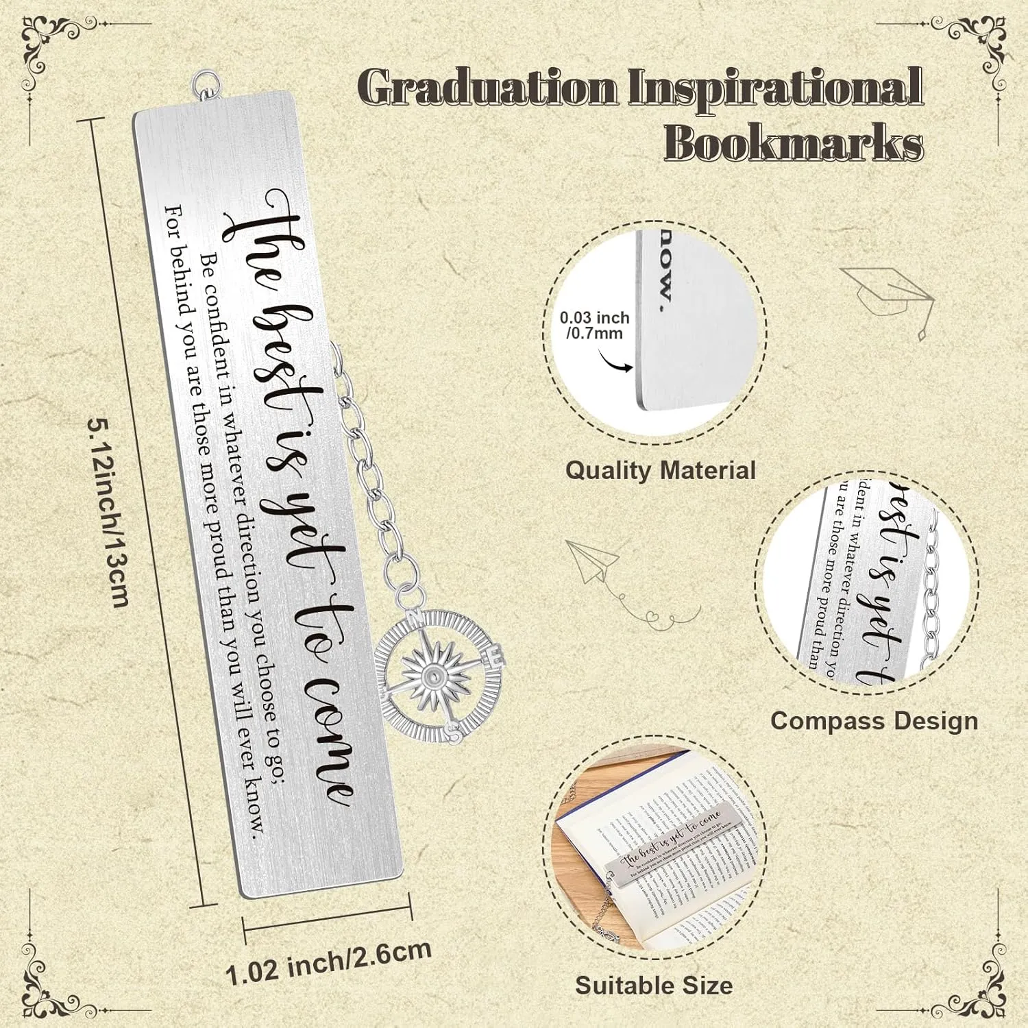 24 Sets Graduation Gift for Graduates Compass Bookmarks The Best is Yet to Come Inspirational Bookmark with Pendant Card Organza Bags Class of 2025 Party Favor