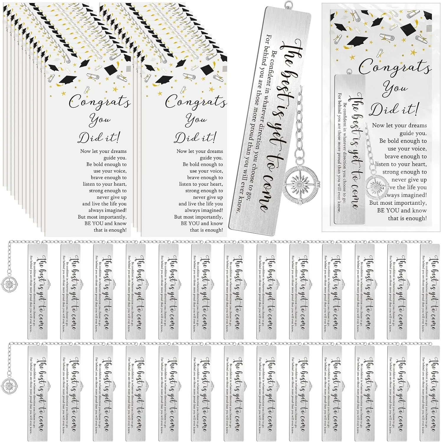 24 Sets Graduation Gift for Graduates Compass Bookmarks The Best is Yet to Come Inspirational Bookmark with Pendant Card Organza Bags Class of 2025 Party Favor