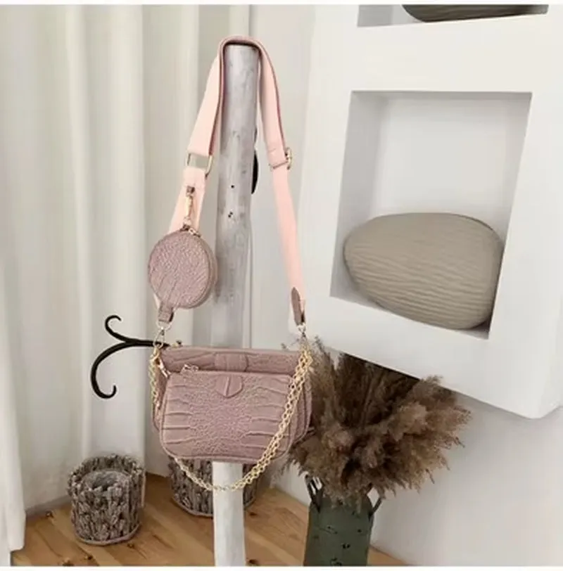3 Pcs Set Designer Women Shoulder Bags PU Leather Purse and Handbags Alligator Female Crossbody Bag Wide Strap Messenger Bag