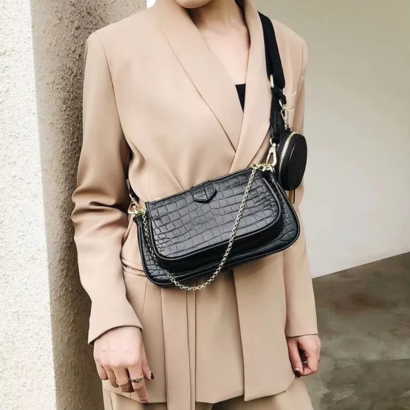 3 Pcs Set Designer Women Shoulder Bags PU Leather Purse and Handbags Alligator Female Crossbody Bag Wide Strap Messenger Bag