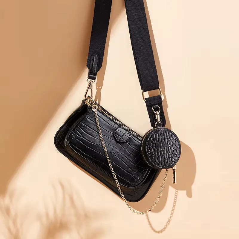 3 Pcs Set Designer Women Shoulder Bags PU Leather Purse and Handbags Alligator Female Crossbody Bag Wide Strap Messenger Bag