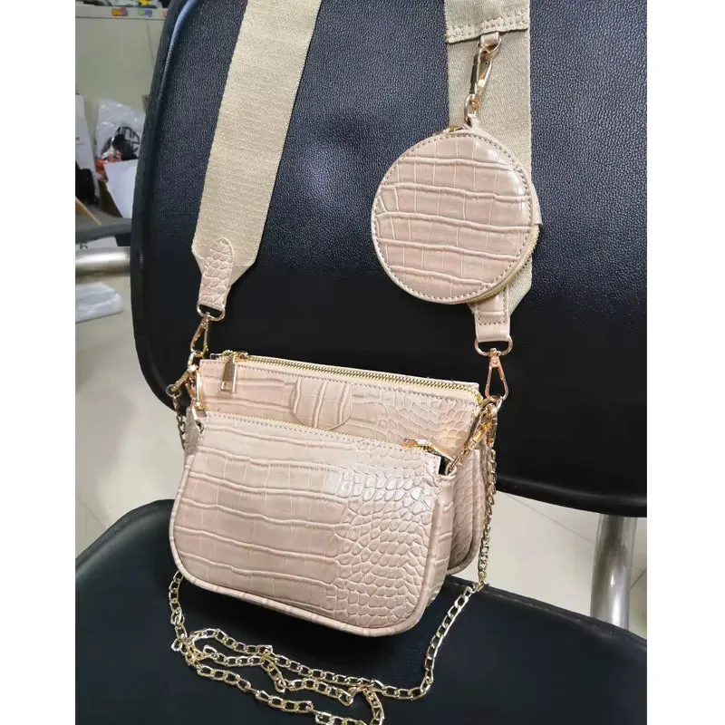 3 Pcs Set Designer Women Shoulder Bags PU Leather Purse and Handbags Alligator Female Crossbody Bag Wide Strap Messenger Bag