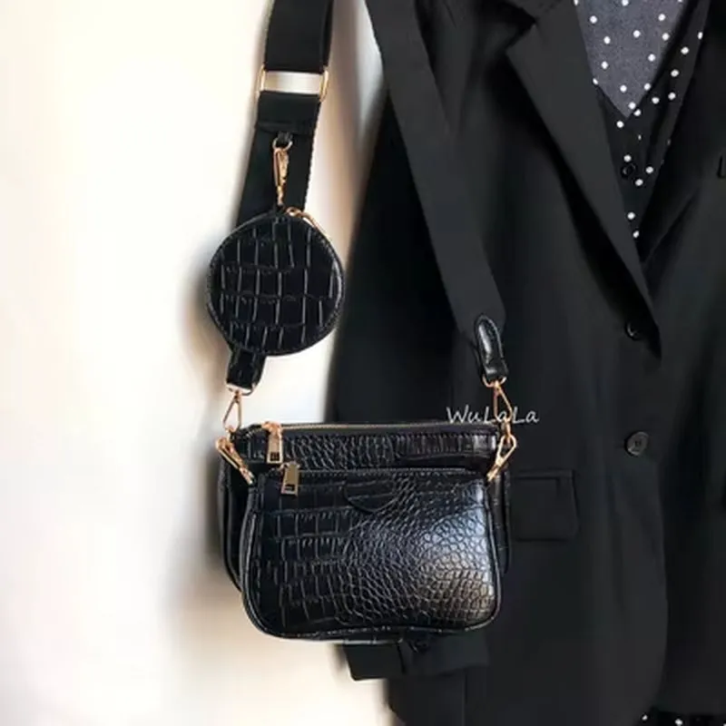 3 Pcs Set Designer Women Shoulder Bags PU Leather Purse and Handbags Alligator Female Crossbody Bag Wide Strap Messenger Bag