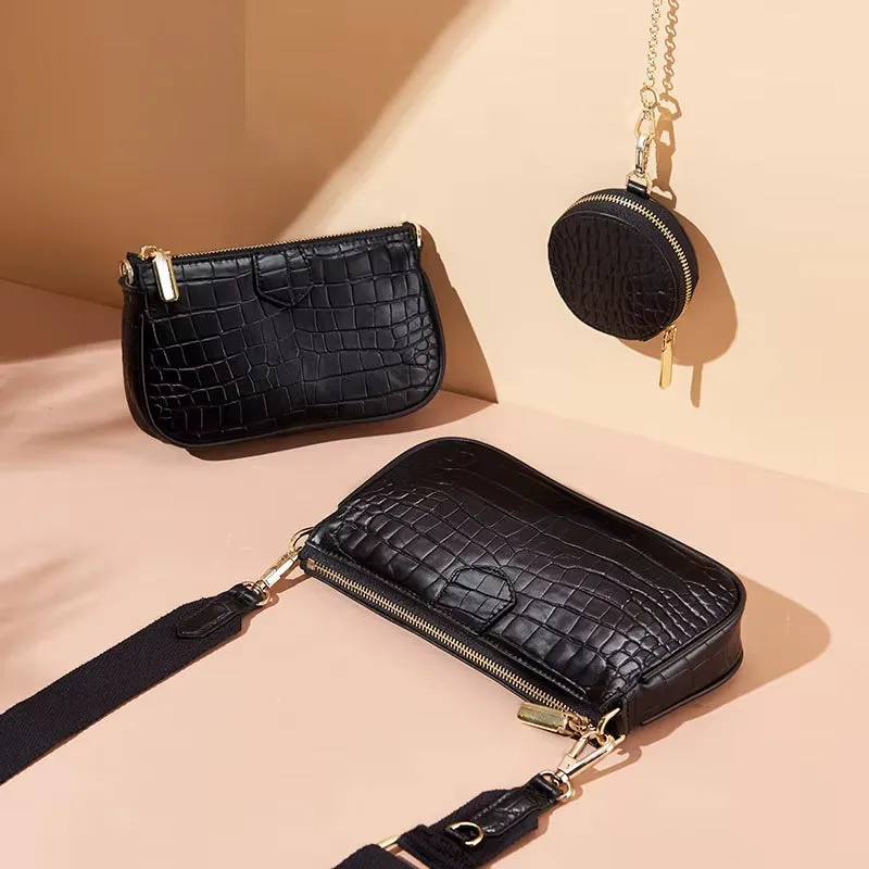 3 Pcs Set Designer Women Shoulder Bags PU Leather Purse and Handbags Alligator Female Crossbody Bag Wide Strap Messenger Bag
