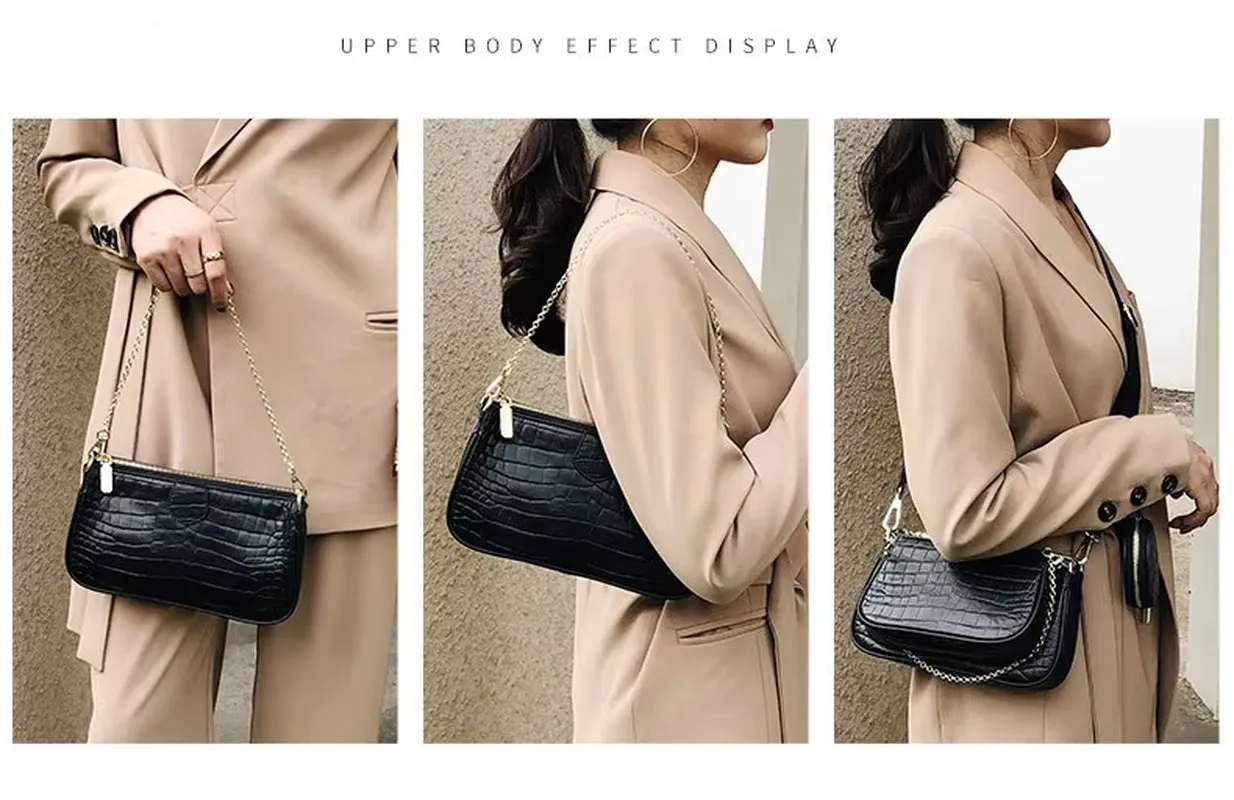3 Pcs Set Designer Women Shoulder Bags PU Leather Purse and Handbags Alligator Female Crossbody Bag Wide Strap Messenger Bag