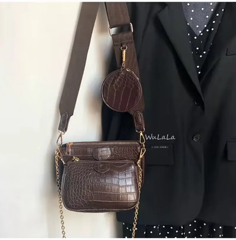 3 Pcs Set Designer Women Shoulder Bags PU Leather Purse and Handbags Alligator Female Crossbody Bag Wide Strap Messenger Bag