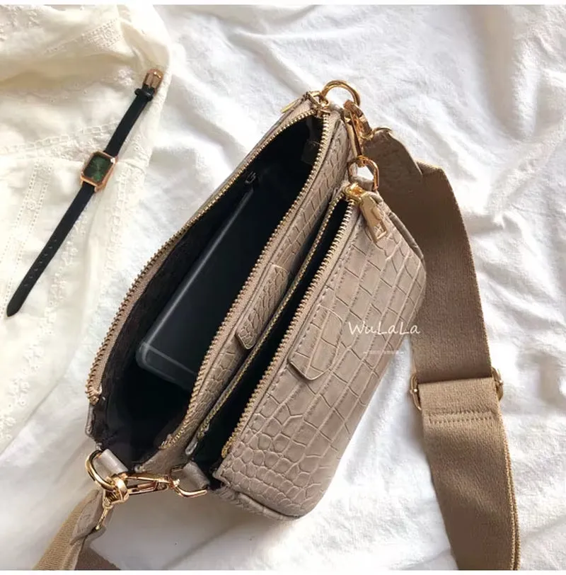 3 Pcs Set Designer Women Shoulder Bags PU Leather Purse and Handbags Alligator Female Crossbody Bag Wide Strap Messenger Bag