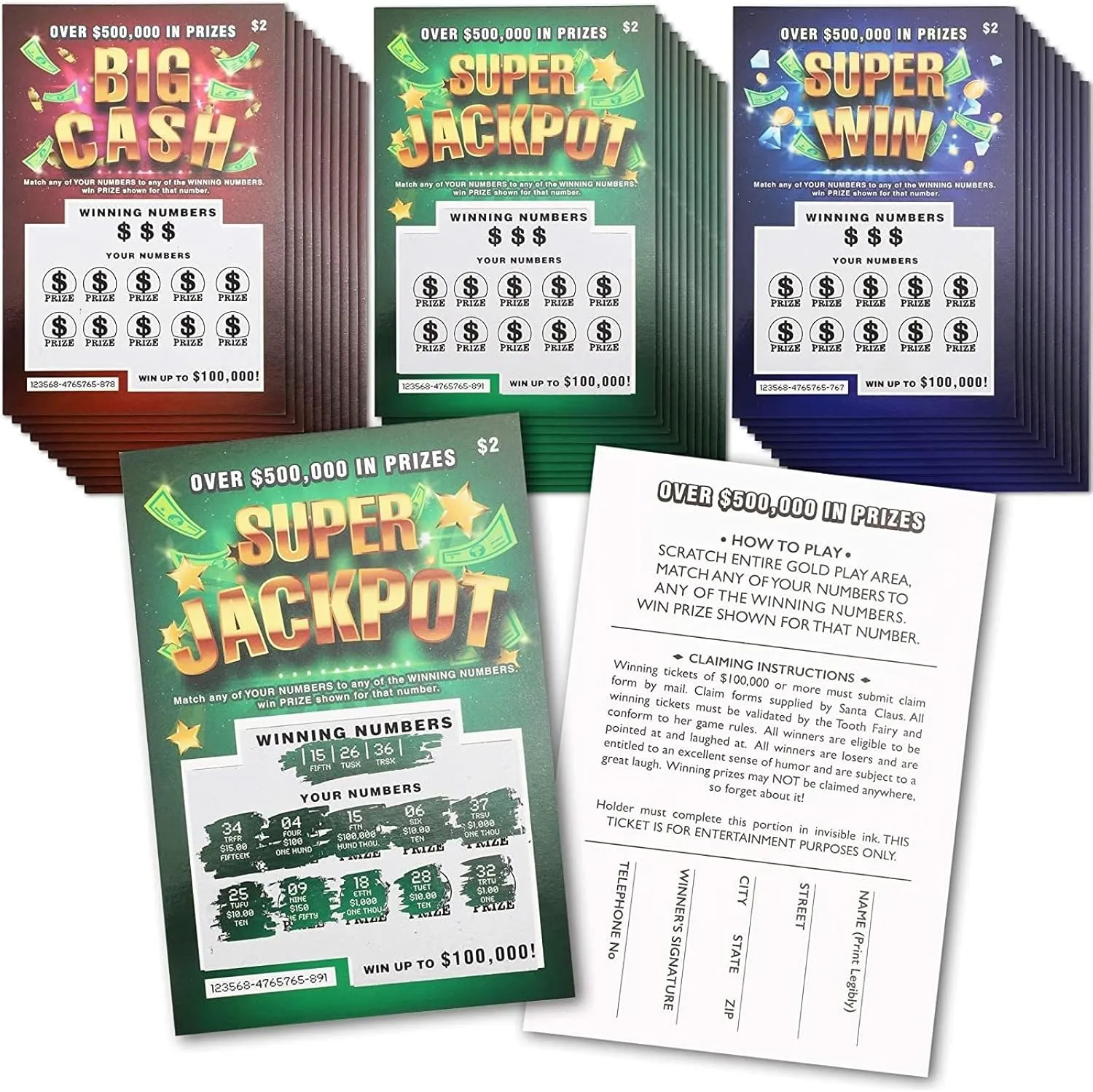 30 Pack Fake Scratch Off Lottery Tickets, Gag Prank Winning Lotto Ticket Cards (3 Designs)