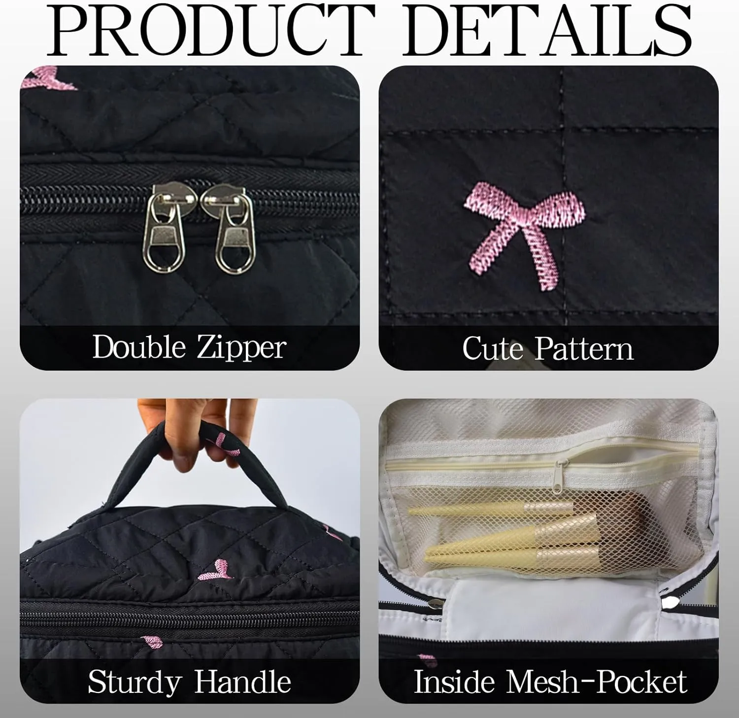 3Pcs Quilted Makeup Bag, Cute Floral Cotton Cosmetic Bag set, Coquette Bow Makeup Pouch Large Travel Toiletry Bag