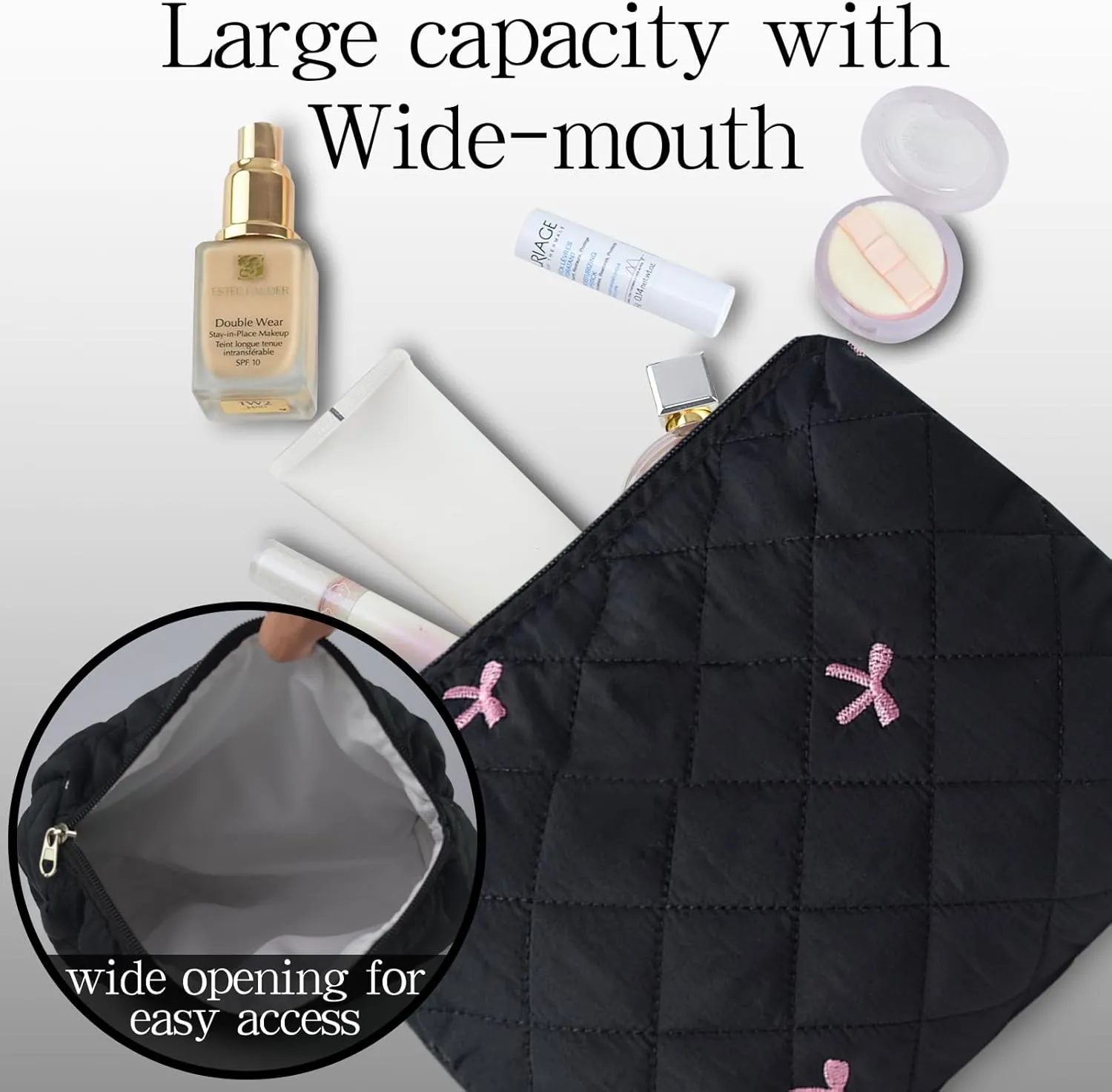 3Pcs Quilted Makeup Bag, Cute Floral Cotton Cosmetic Bag set, Coquette Bow Makeup Pouch Large Travel Toiletry Bag
