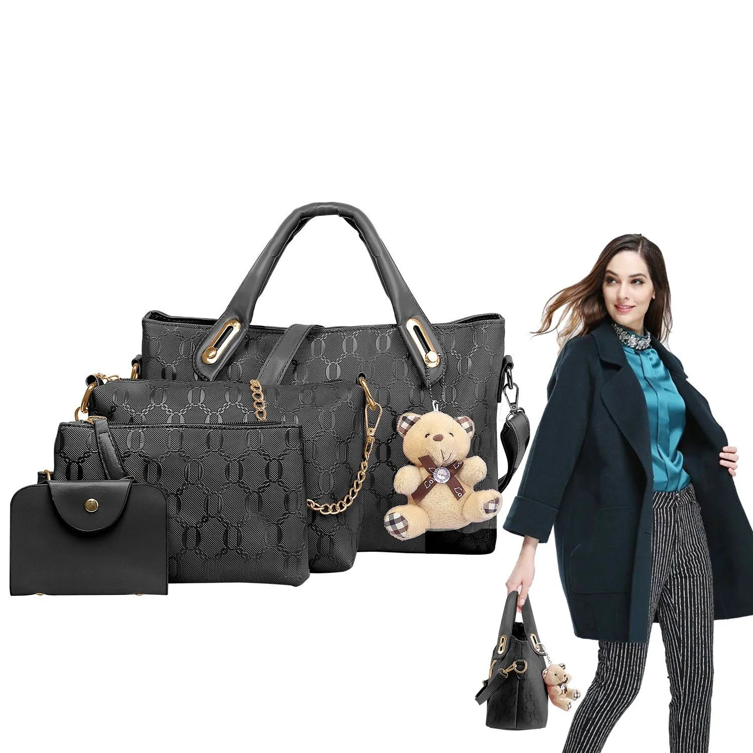 4-Pieces: Women Leather Handbag