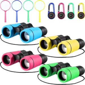 4 Set Kids Binoculars Children Colorful Real Binoculars Set Shockproof High Resolution with Magnifying Glass and Compass for Bird Watching Hunting Hiking Outdoor Exploring(Light Color)