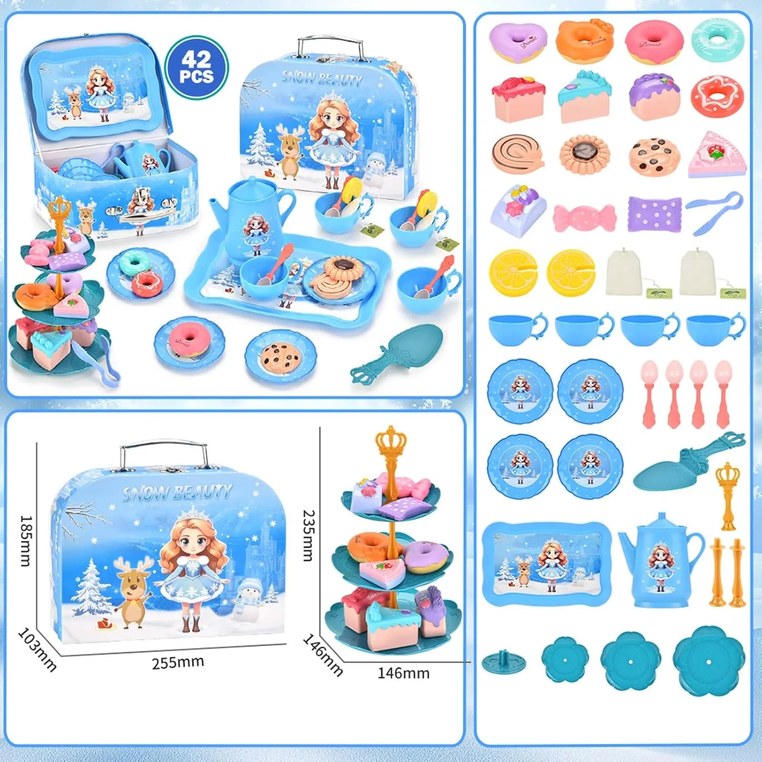 42-Piece Princess Tea Party Set – Kids Pretend Play Tea Set with Desserts & Carrying Case – Kitchen Toy for Little Girls, Toddlers Ages 3-8
