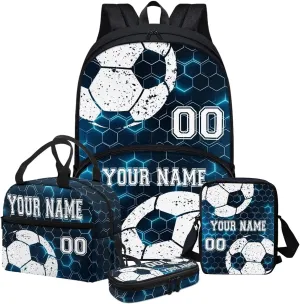 4Pcs Soccer Custom Backpacks Set, Blue Hexagonal Grid Backpack College School Shoulder Laptop Tote Bag Daypack Bookbag Crossbody Shoulder Bags Lunch Bag Pencil Case for Teen Girls Boys