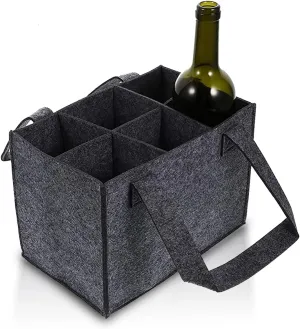 6 Bottle Wine Carrier with Divider Felt Wine Storage Tote Bag, Portable Reusable Wine Travel Bag with Handle for Christmas Travel Camping Picnic Party (Dark Gray)