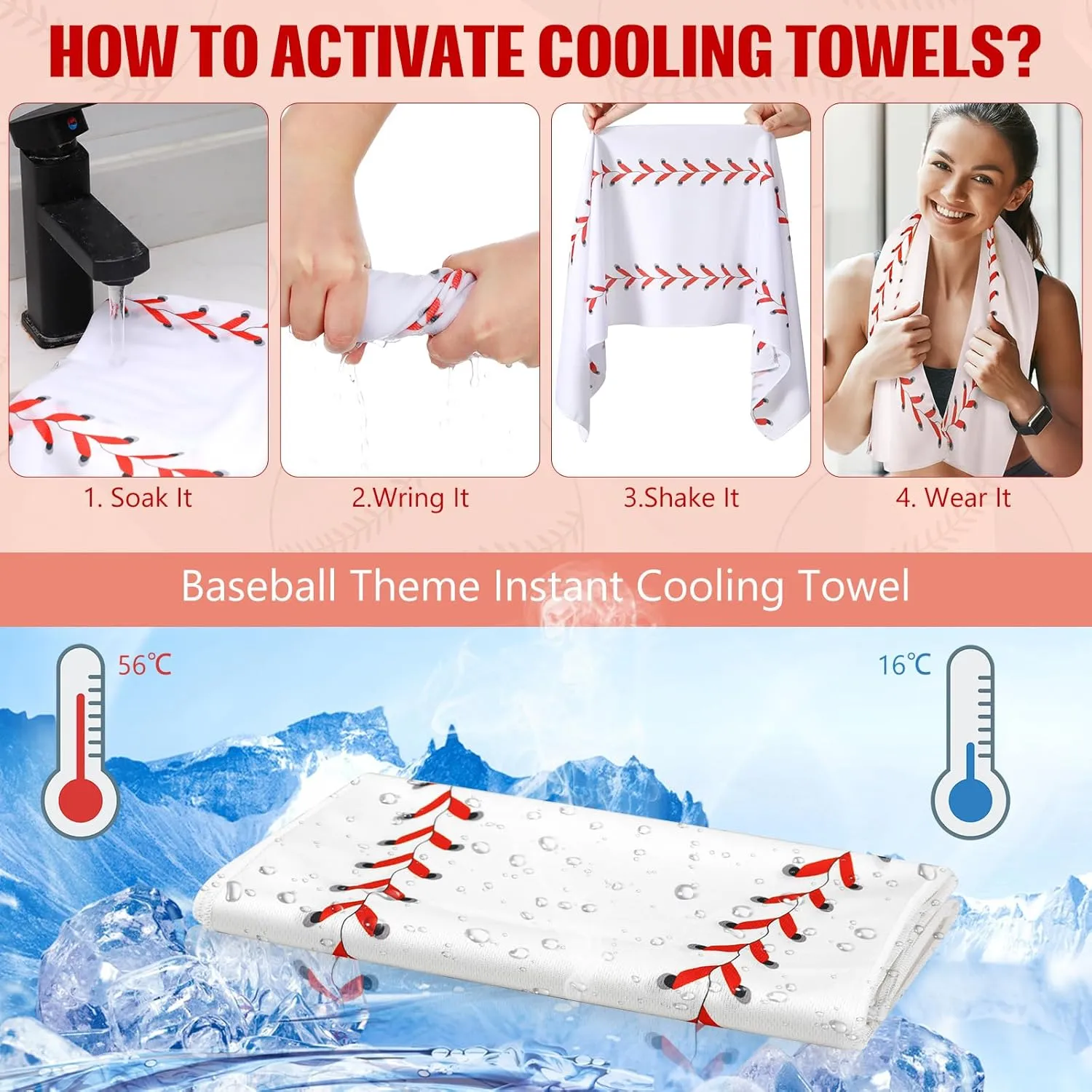 6 Pack Baseball Cooling Towels for Boys, White Sports Towels with Bags, 40"x12" Breathable Chilly Towel, Microfiber Towel for Baseball Sport Team Gift