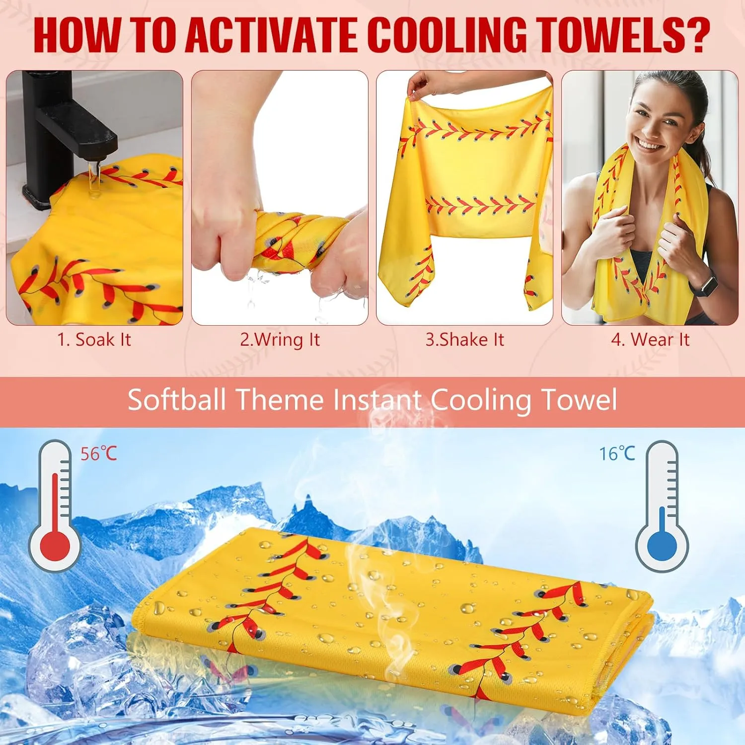 6 Pack Softball Cooling Towels for Boys, Yellow Sports Towels with Bags, 40"x12" Breathable Chilly Towel, Microfiber Towel for Softball Sport Team Gift