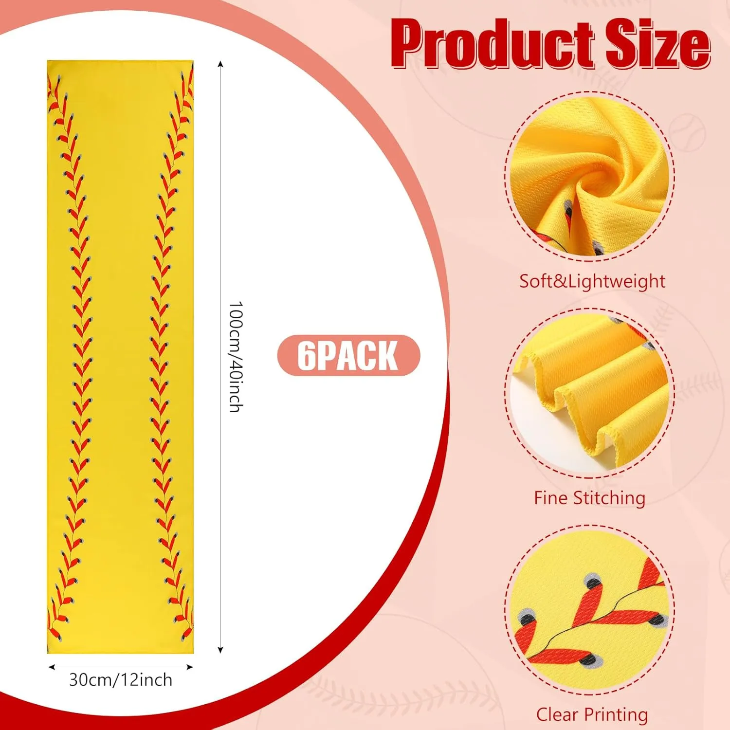 6 Pack Softball Cooling Towels for Boys, Yellow Sports Towels with Bags, 40"x12" Breathable Chilly Towel, Microfiber Towel for Softball Sport Team Gift