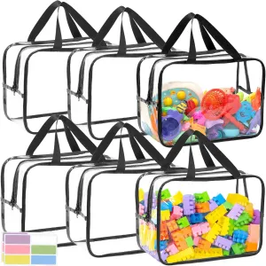 6 Packs Extra Large Toy Storage Bags,12.6 * 9.25 * 6.9 IN Clear Waterproof Toy Organizer Bags with Labels, Dual Zippers and Portable Handheld Design, Board Game Storage for Building Blocks, Puzzle