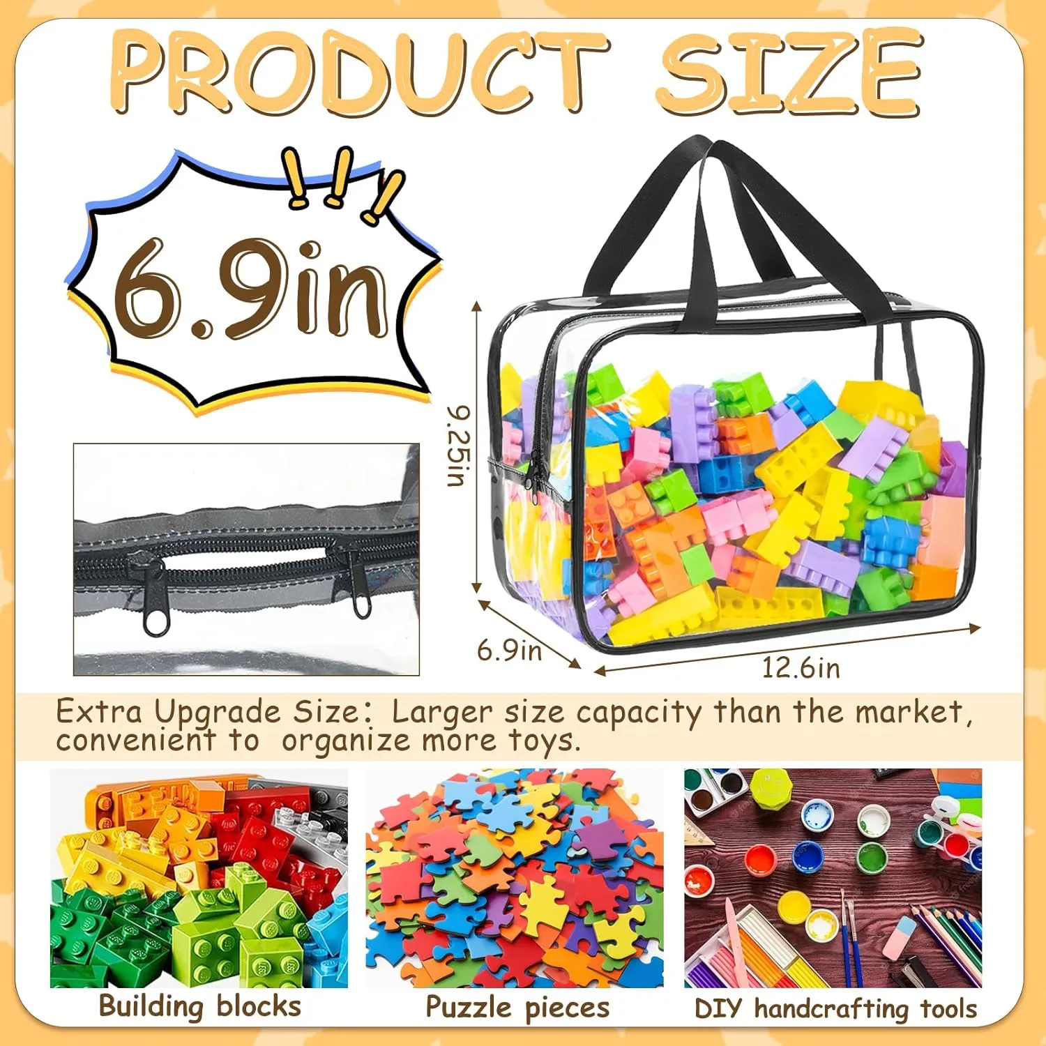 6 Packs Extra Large Toy Storage Bags,12.6 * 9.25 * 6.9 IN Clear Waterproof Toy Organizer Bags with Labels, Dual Zippers and Portable Handheld Design, Board Game Storage for Building Blocks, Puzzle