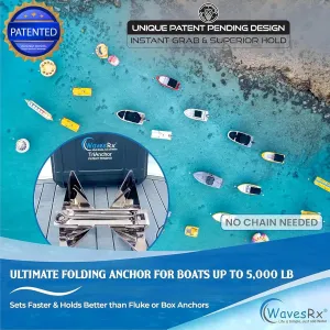 7lb TriAnchor - Stainless Steel Folding Anchor with 14ft AnchorMate Bungee Line (14'-50') | Effortless Anchoring for Jet Skis, Dinghies & Skiff Boats | Unique Folding Design with Storage Case