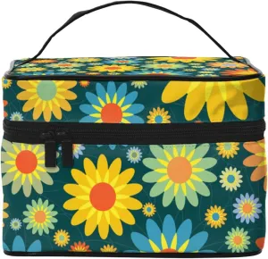 Abstract Hippie Flower Print Travel Cosmetic Bag Tote Makeup, Large Capacity Toiletry Pouch With Handle Zipper for Women Men