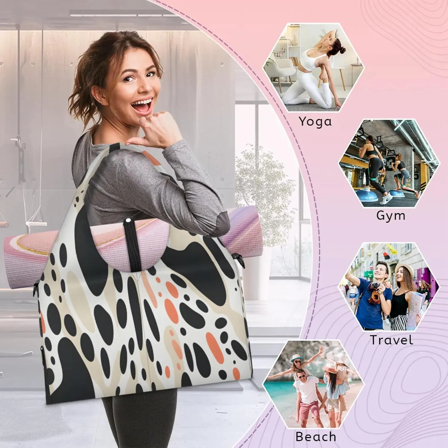 Abstract Pattern Design Waterproof Gym Bag for Men Women, Sports Duffel Bag with Shoe Compartment Yoga Mat Holder, Portable Large Travel Bag for Fitness, Camping, Weekend Trips