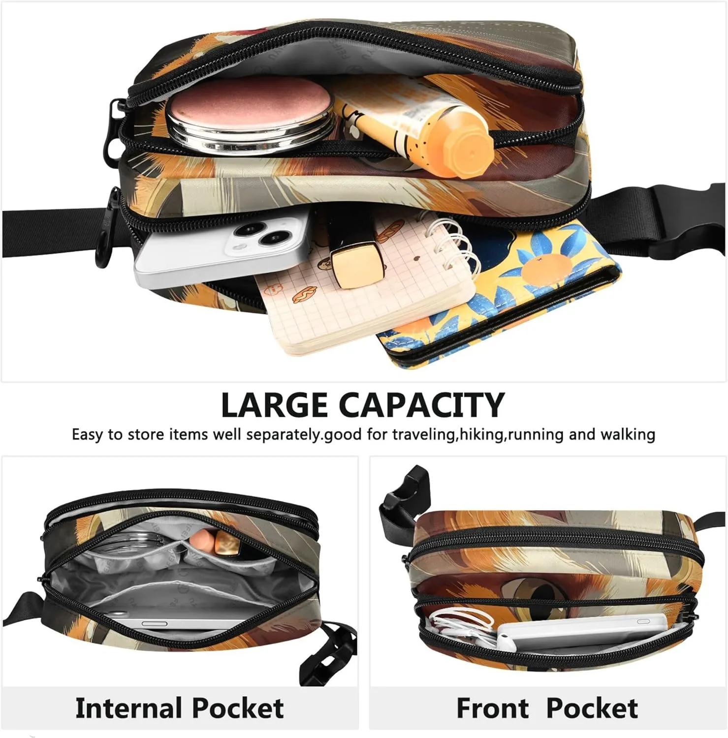 Adorable Orange Cat Face Art Fanny Pack for Women Waterproof Anti Theft Belt Bag Neon Travel Waist Bag