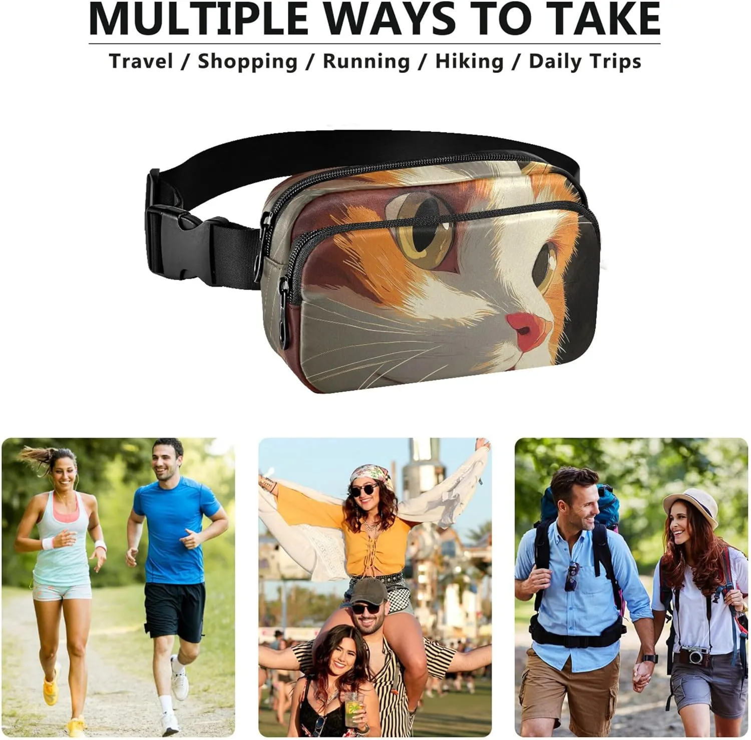 Adorable Orange Cat Face Art Fanny Pack for Women Waterproof Anti Theft Belt Bag Neon Travel Waist Bag