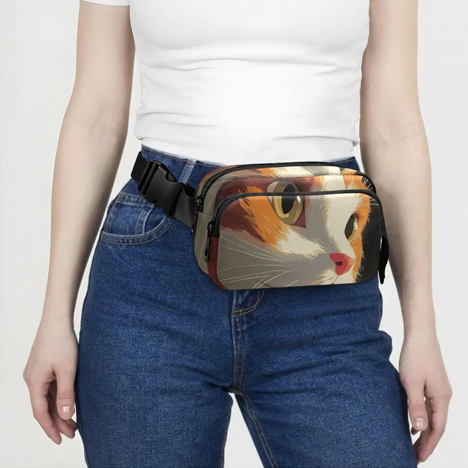 Adorable Orange Cat Face Art Fanny Pack for Women Waterproof Anti Theft Belt Bag Neon Travel Waist Bag