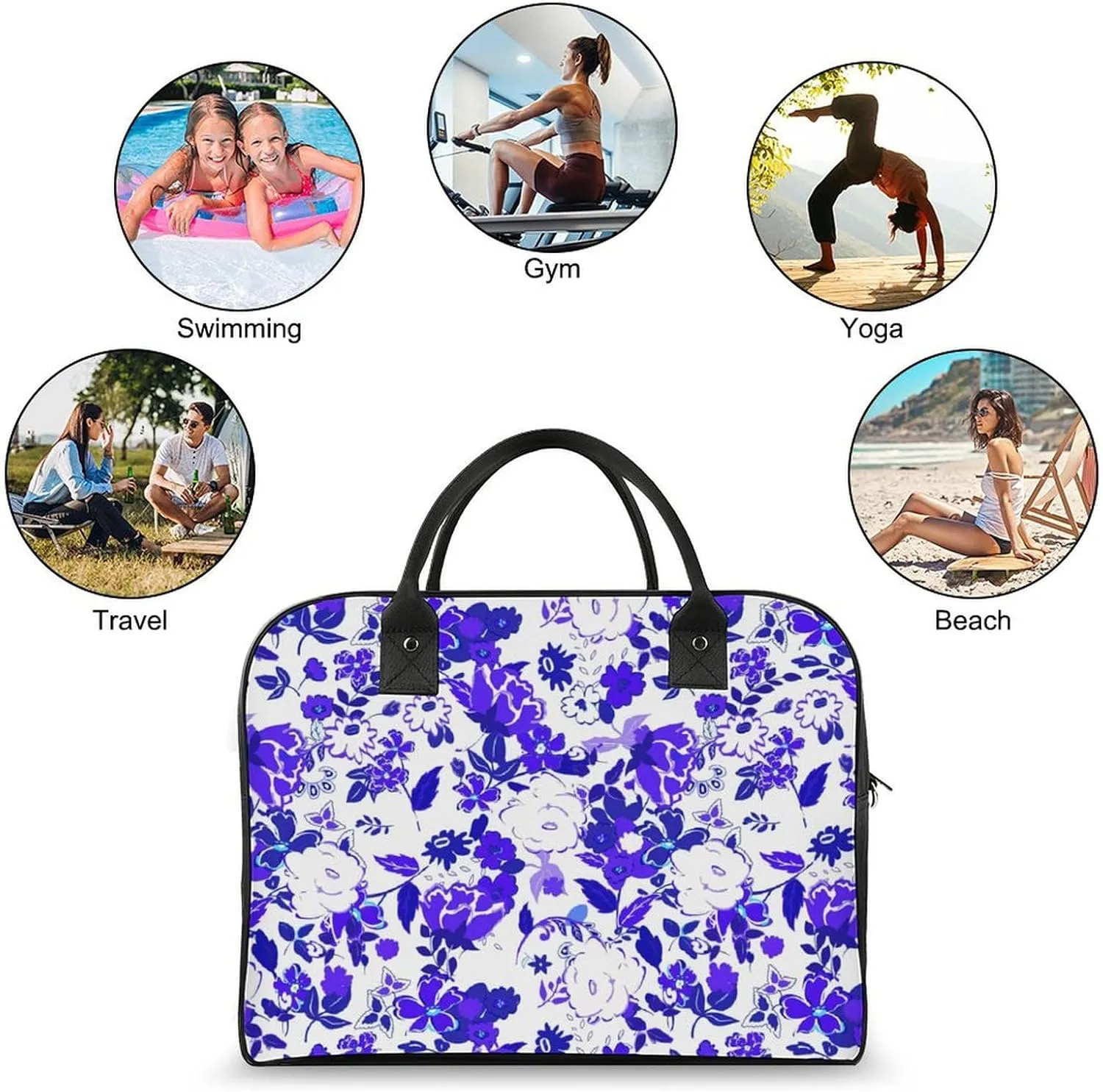 Adult Large Capacity Nylon Blue Leaves Modern Handbag for Touring 13" X 19" X 8"