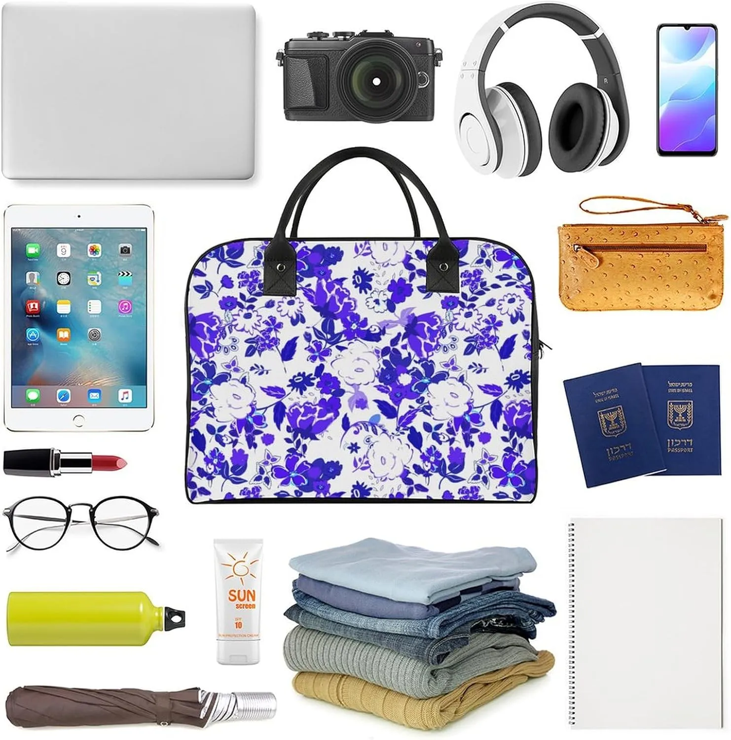 Adult Large Capacity Nylon Blue Leaves Modern Handbag for Touring 13" X 19" X 8"