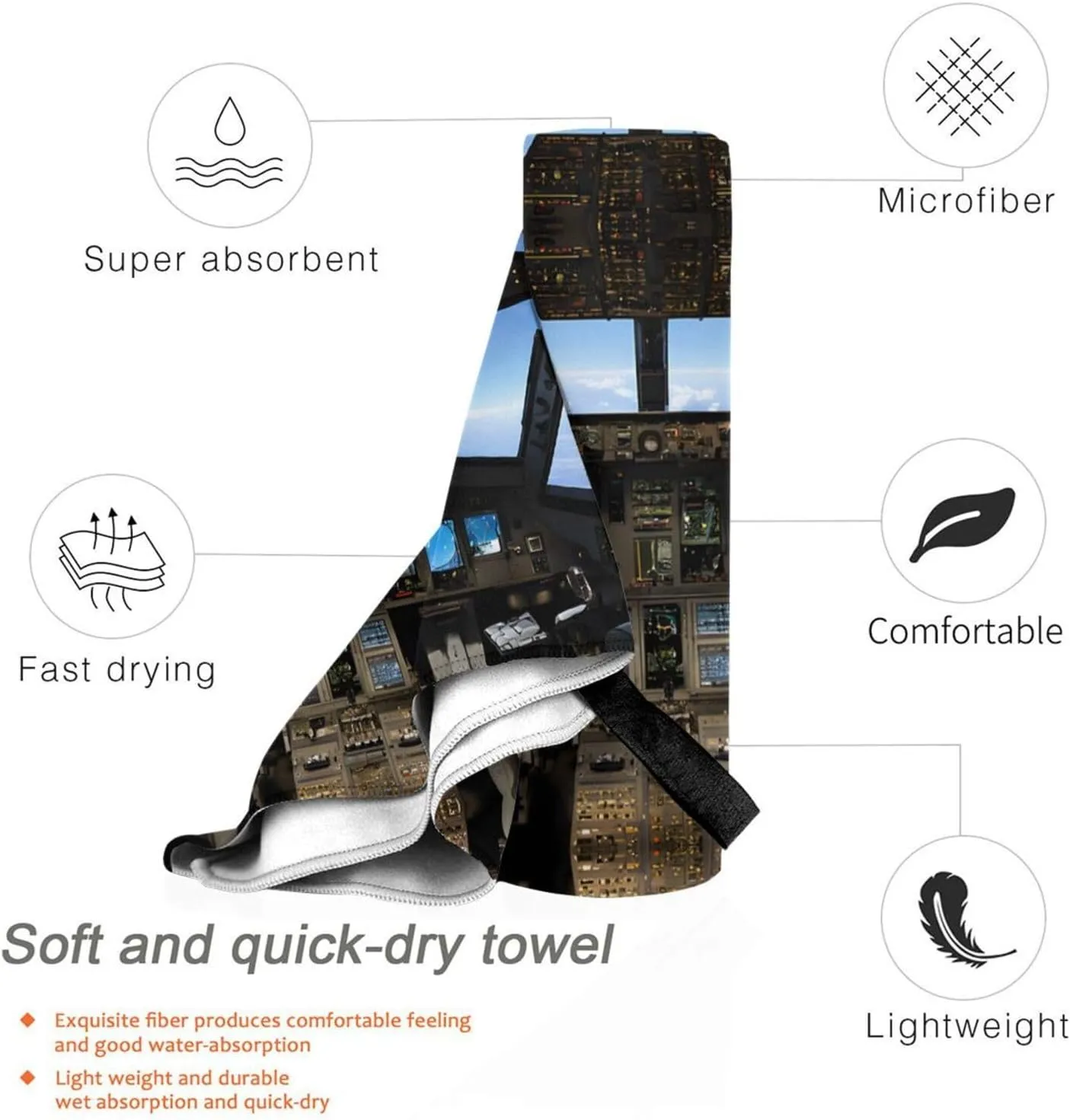 Airplane Cockpit Premium Compact Microfiber Travel Towel-Featherlight & Quick Dry,Sand-Resistant Beach Towel for Swimming,Camping,Vacation Essentials with Carry Pouch