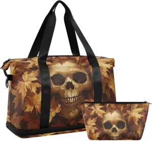 AIXIWAWA Brown Leaves Skull Duffel Bags Set with Shoes Compartment Trolley Sleeve Removeable Strap for Workout Travel Gym