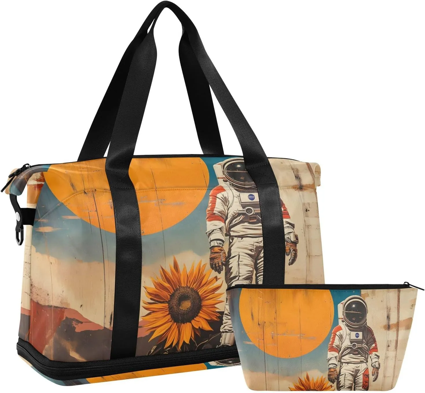 AIXIWAWA Vintage Sunflower Astronaut Duffel Bags Set with Shoes Compartment Trolley Sleeve Removeable Strap for Workout Travel Gym
