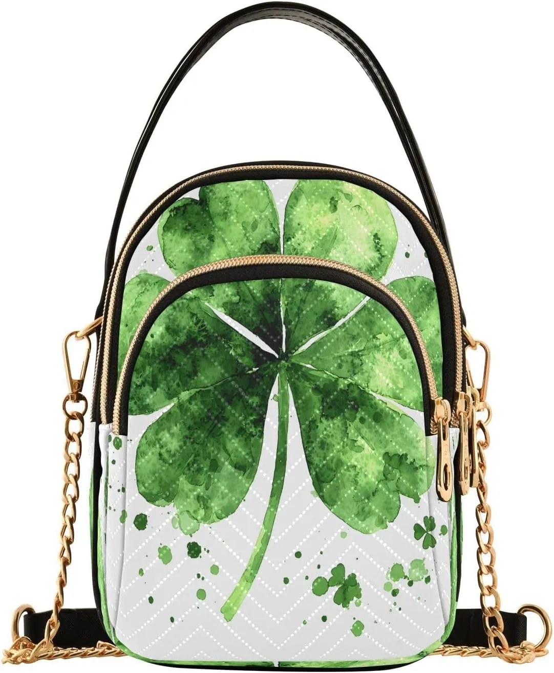 ALAZA Chain Crossbody Bags for Women Luck Clover Leaf Green Shamrock Leaves Quilted Shoulder Crossbody Handbags Travel Cross Body Cell Phone Purses Bags