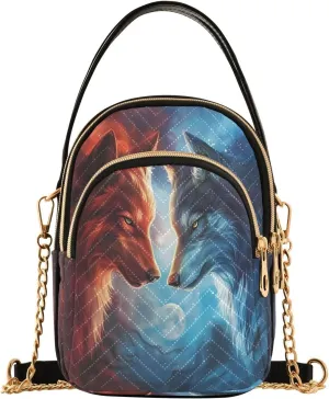ALAZA Chain Crossbody Bags for Women Red and Blue Wolf Confront Quilted Shoulder Crossbody Handbags Travel Cross Body Cell Phone Purses Bags