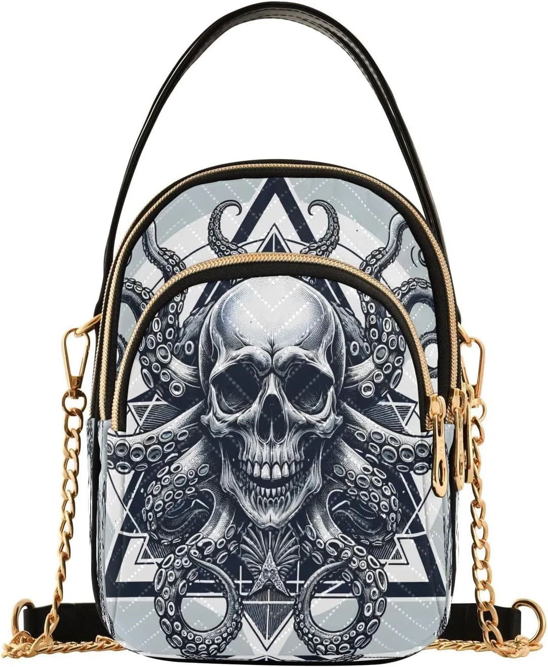 ALAZA Chain Crossbody Bags for Women Skull Head Octopus Quilted Shoulder Crossbody Handbags Travel Cross Body Cell Phone Purses Bags