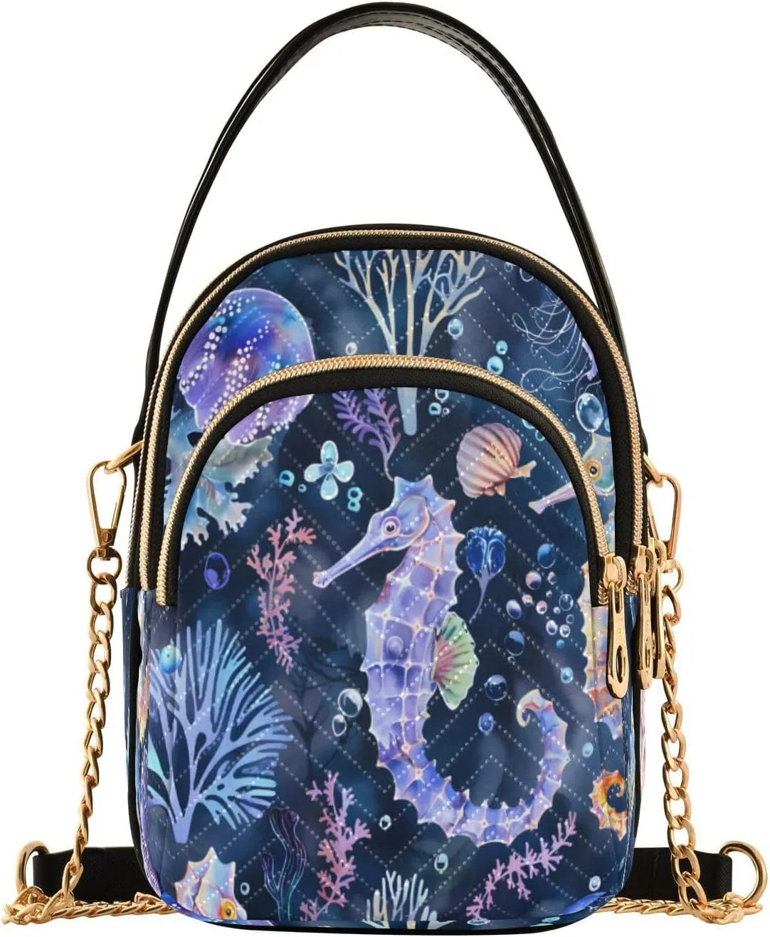 ALAZA Quilted Crossbody Bags for Women,Seahorse with Jellyfish Women's Crossbody Handbags Small Travel Purses Phone Bag