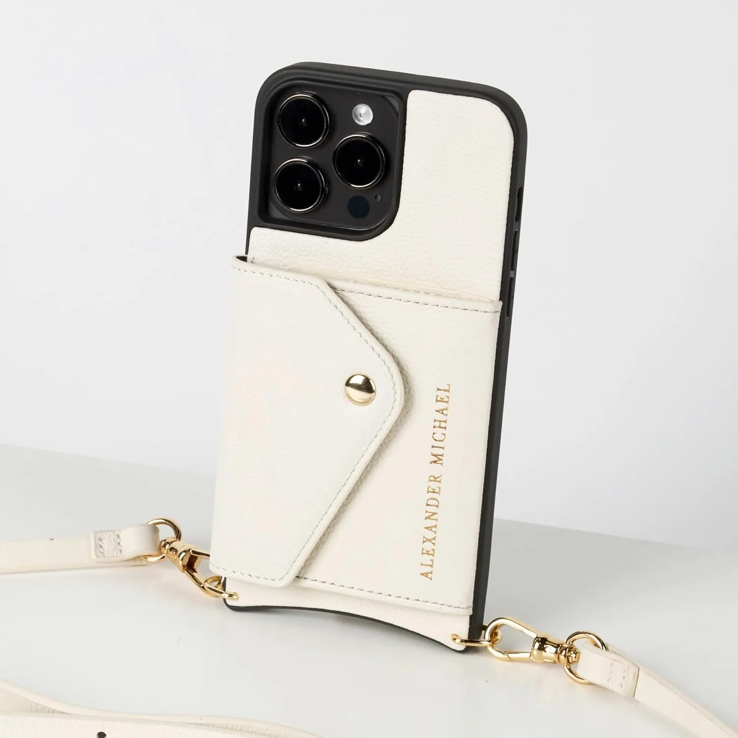 Alexander Michael Caviar Phone Case and Wallet with 2 Straps in Premium Leather, Anti-Theft Phone Crossbody (Ivory, iPhone 14 Pro)