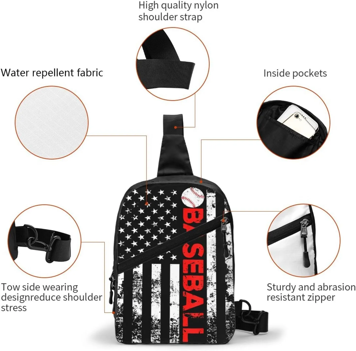 American Flag Baseball Team Portable Sling Bags Packable Crossbody Bag Foldable Sport Daypack Reusable Shoulder Backpack Diagonally Chest Bag for Workout Travel