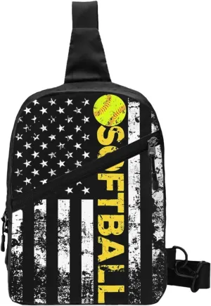 American Flag Softball Team Portable Sling Bags Packable Crossbody Bag Foldable Sport Daypack Reusable Shoulder Backpack Diagonally Chest Bag for Workout Travel